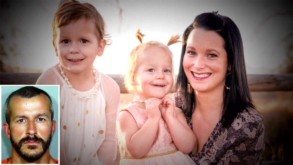 The Watts Family Murders image of Shannan Watts, Celeste, Bella and unborn child Nico. Inset image of Chris Watts mugshot