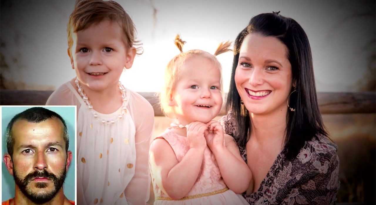 The Watts Family Murders image of Shannan Watts, Celeste, Bella and unborn child Nico. Inset image of Chris Watts mugshot