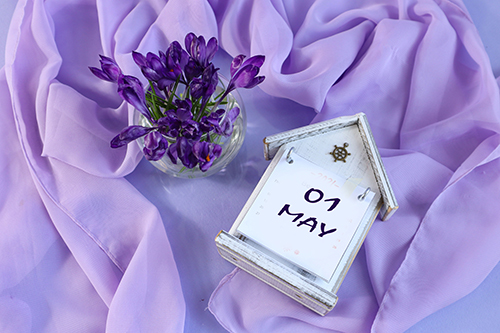 May 1st calendar: numbers 01, month name May in English on a decorative calendar with a bouquet of flowers on a pastel background