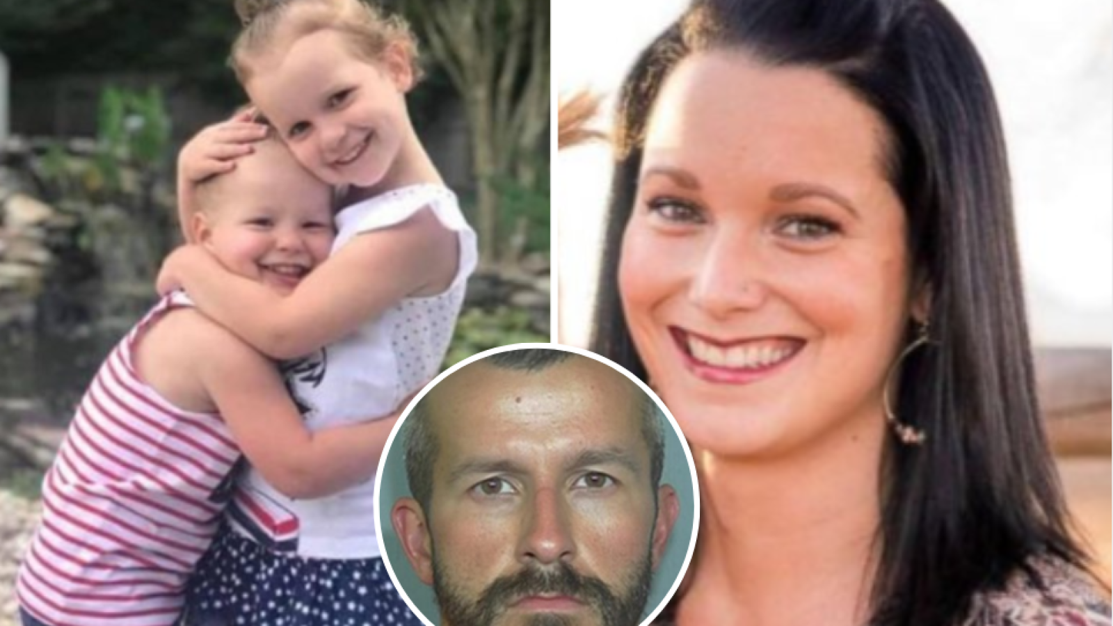 Bella and Celeste hugging sweetly and next to that photo is their mom Shannan smiling with their dad/husband Chris mugshot inset