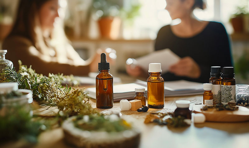 Patient consulting with a homeopathic practitioner, discussing natural healing