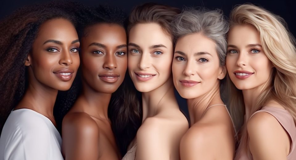 A diverse group of beautiful women with natural beauty and glowing smooth skin. Portrait of many attractive female fashion models with great skincare of all races, tones and style, beauty and glow