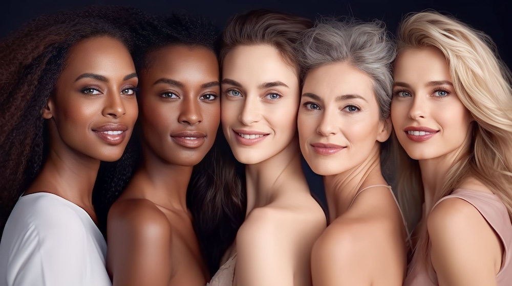 A diverse group of beautiful women with natural beauty and glowing smooth skin. Portrait of many attractive female fashion models with great skincare of all races, tones and style, beauty and glow