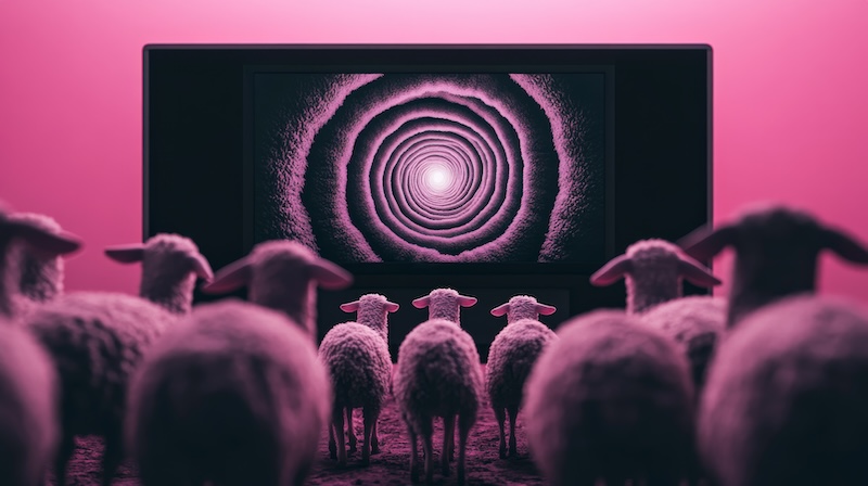 Sheep being hypnotized by spiral tv screen symbolizing Narcissist manipulation tactics