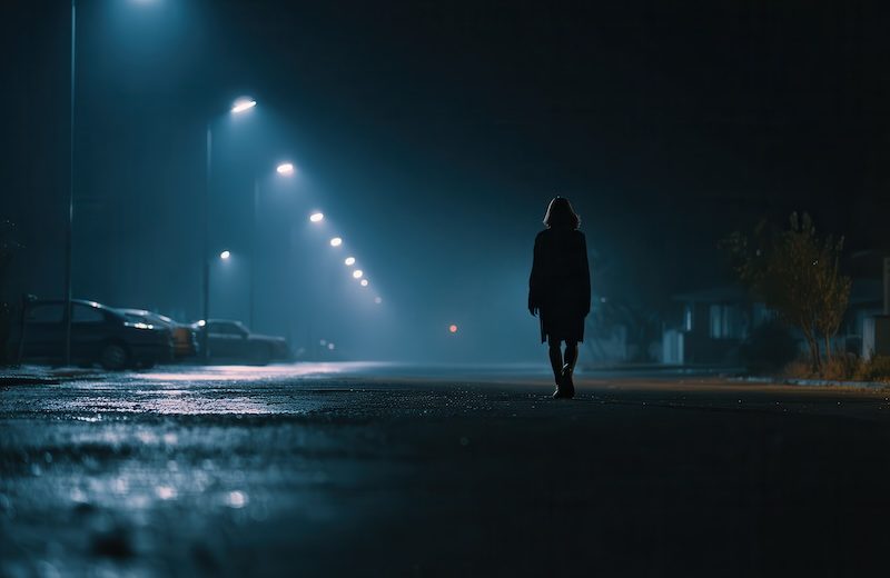 young woman walking alone at night on an empty city street, dim street lights casting long shadows, dark silhouette of a man in the background following her, atmospheric lighting, cinematic mood, tense and eerie feeling, urban environment with wet pavement, composition with strong negative space on the left for text, shallow depth of field, social awareness scene, concept of danger and self-defense --ar 3:2 --raw --v 7 Job ID: 0ddd91a7-f05f-4db0-8785-390c94bdb71d