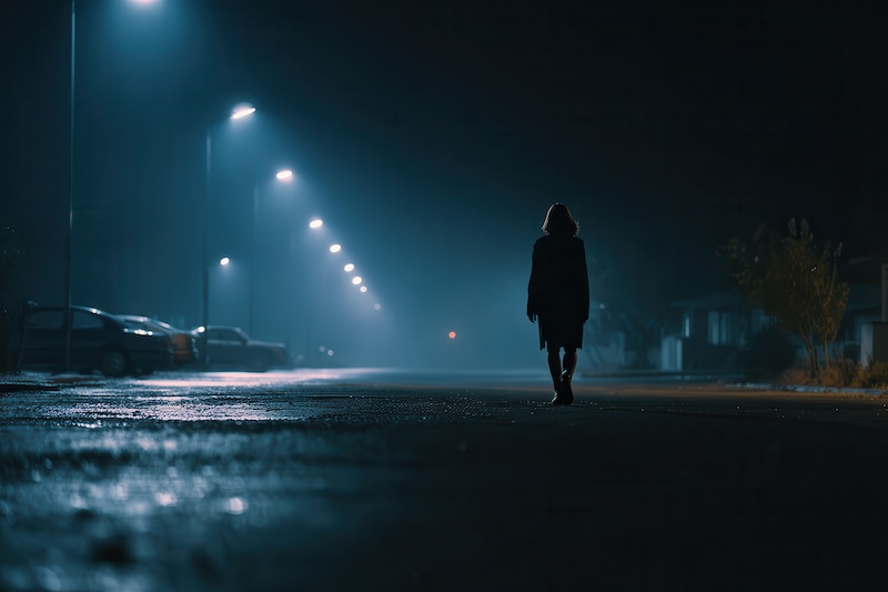 young woman walking alone at night on an empty city street, dim street lights casting long shadows, dark silhouette of a man in the background following her, atmospheric lighting, cinematic mood, tense and eerie feeling, urban environment with wet pavement, composition with strong negative space on the left for text, shallow depth of field, social awareness scene, concept of danger and self-defense --ar 3:2 --raw --v 7 Job ID: 0ddd91a7-f05f-4db0-8785-390c94bdb71d